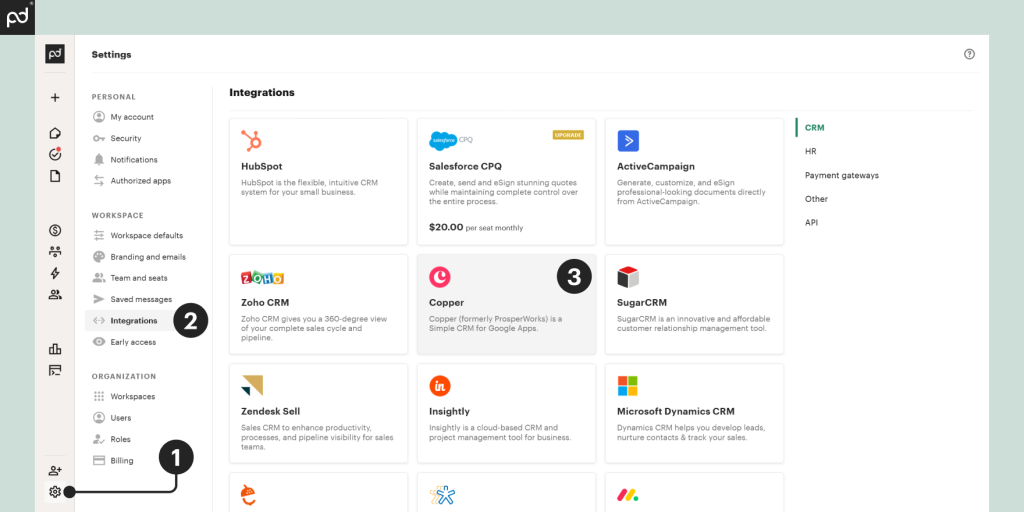 Screenshot of the PandaDoc dashboard showing integration capabilities; specifically, how to pair with Copper CRM