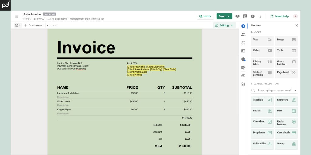 Screenshot of PandaDoc drag-and-drop functionality for invoice creation, including fields like text, image, video, pricing table, signature, date, and more