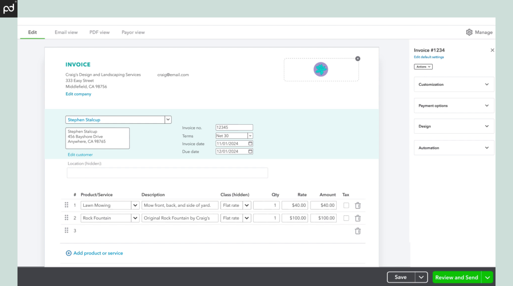 Screenshot of QuickBooks showing how an invoice is generated and edited with custom fields and branding colors