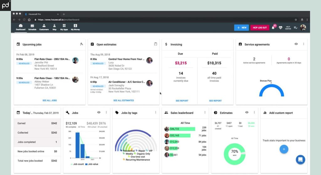 Screenshot of Housecall Pro dashboard showing workflow management, including upcoming jobs, estimates, invoicing, service agreements, sales, reporting