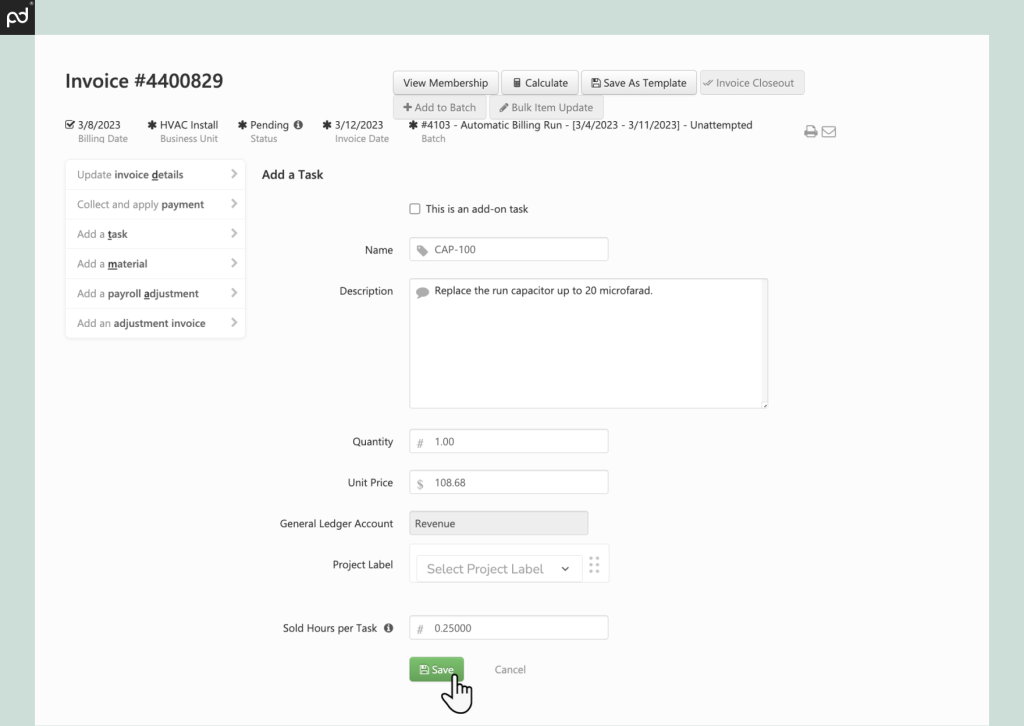 Screenshot of ServiceTitan dashboard showing drag-and-drop features for invoice editing, including bulk item update, batch adding, payroll adjustments, and more