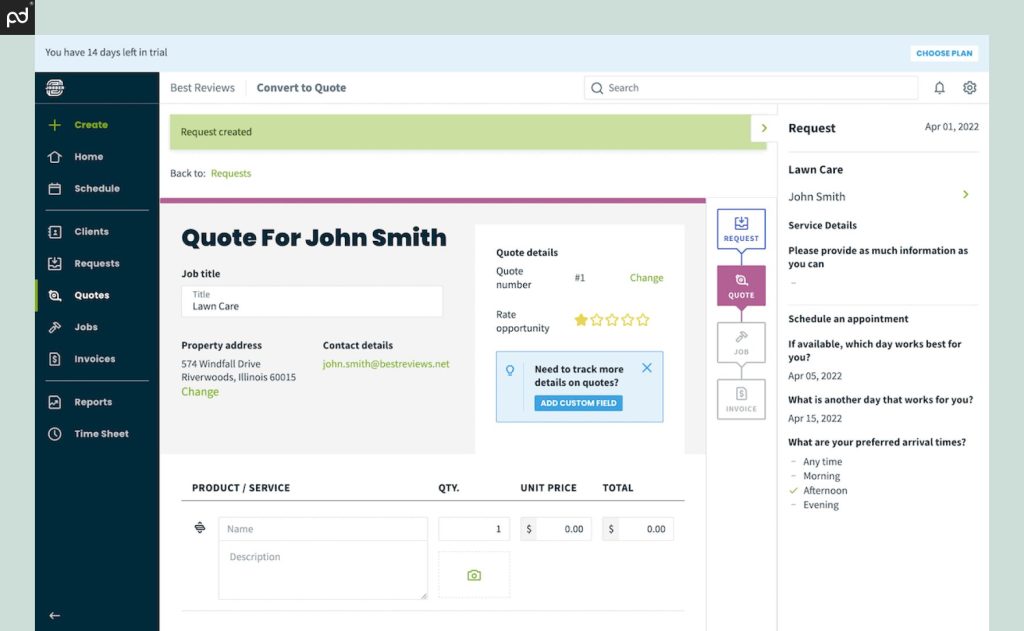 Screenshot of Jobber dashboard showing quote creation fields such as unit price, service details, job title, and more