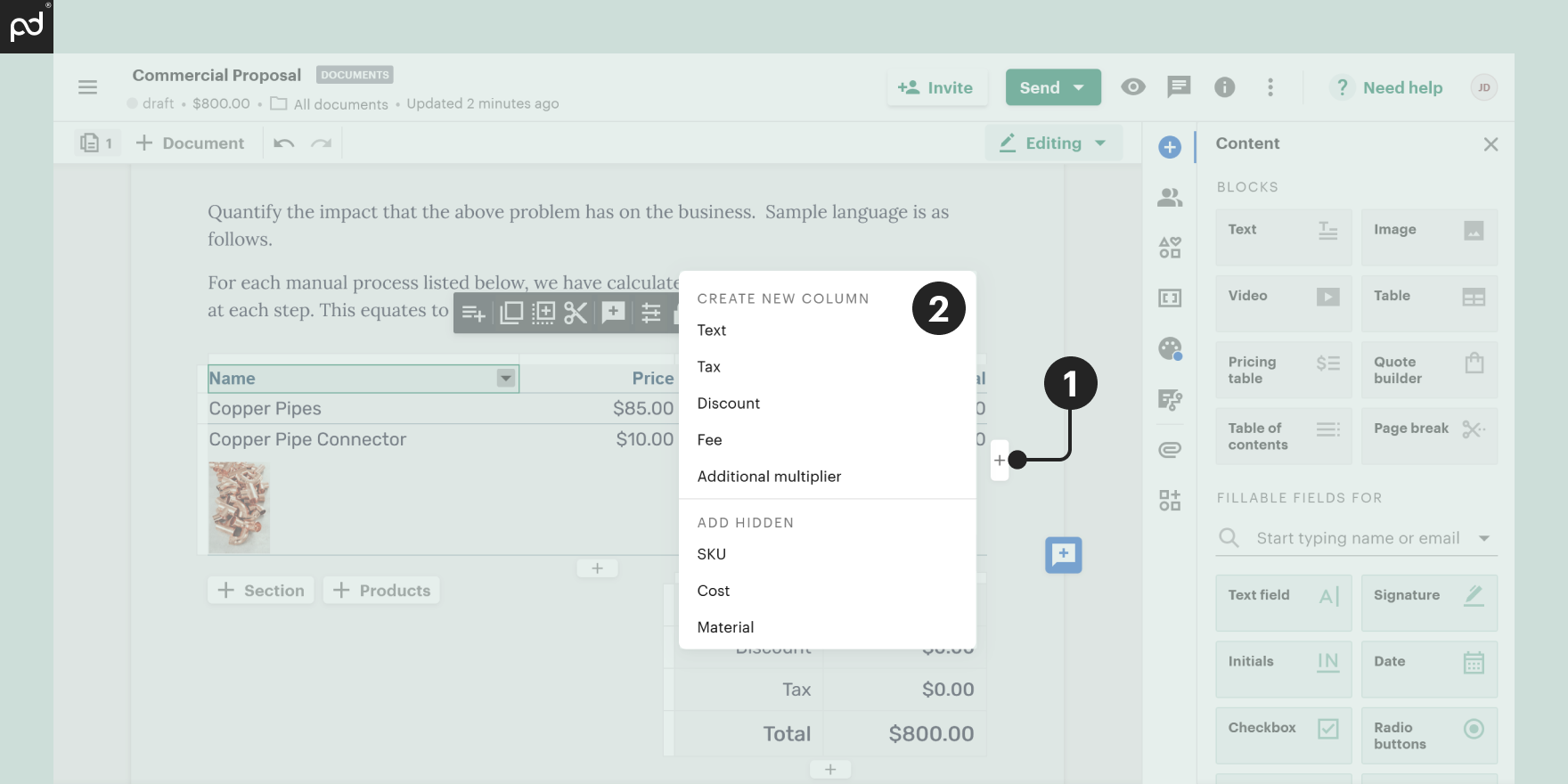 Carousel of screenshots showing how to add taxes, discounts, and fees into a pricing table, and how to display automated calculations