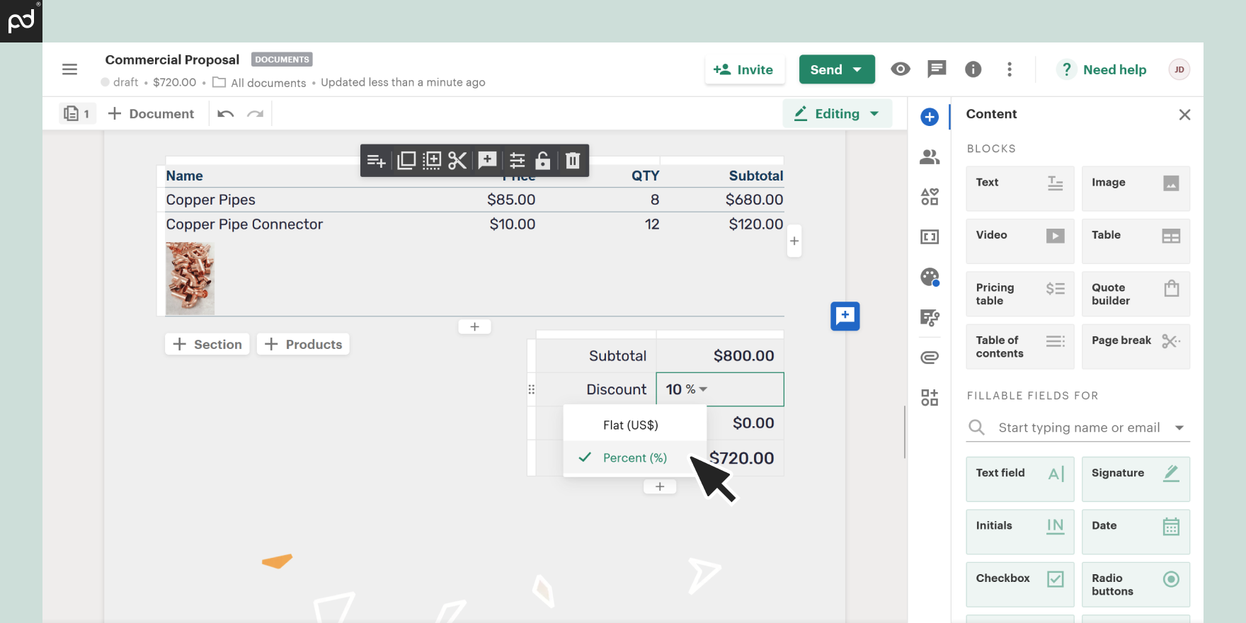 Carousel of screenshots showing how to add taxes, discounts, and fees into a pricing table, and how to display automated calculations