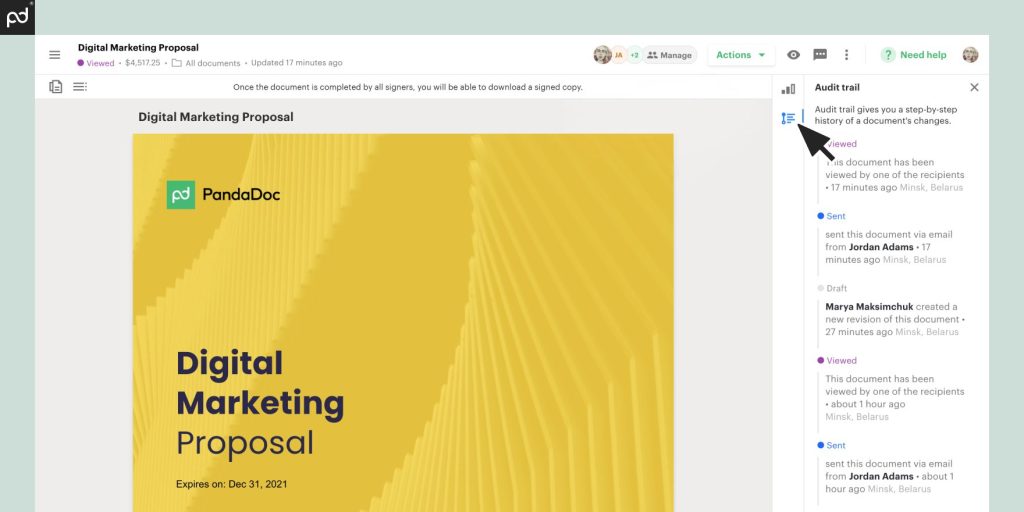 Screenshot of the PandaDoc Audit Trail feature, showing a document and a step-by-step history of the document’s interactions, including views, edits, and sends.