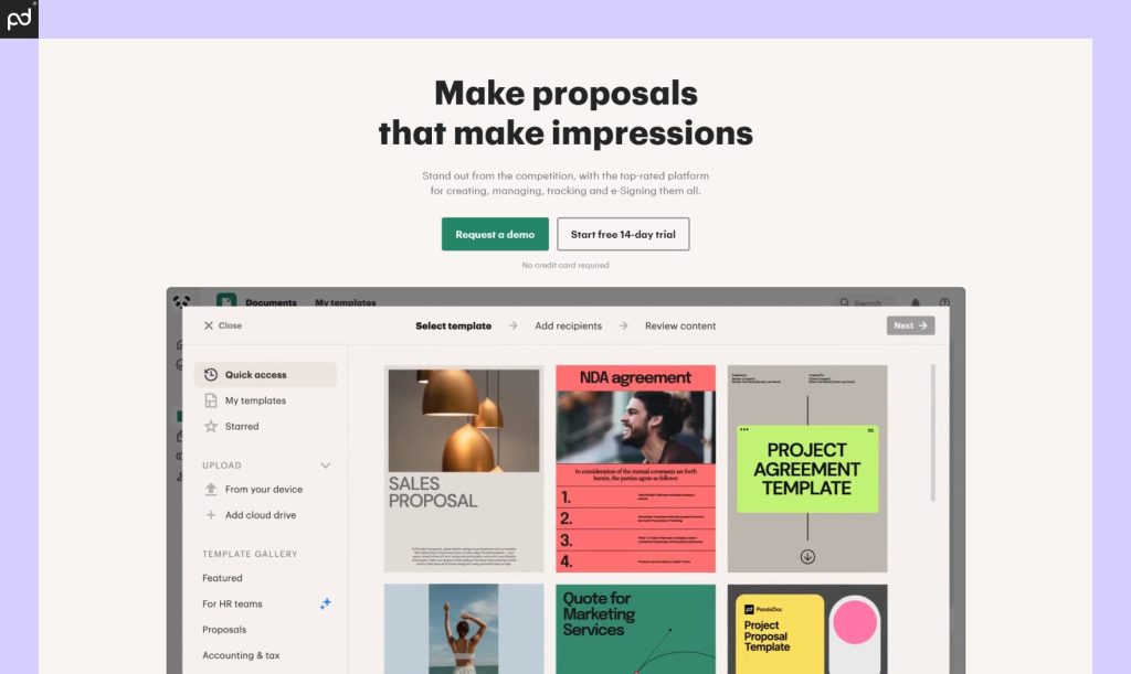 An image of the PandaDoc homepage, featuring a demo of the template library and the words “make proposals that make impressions.”
