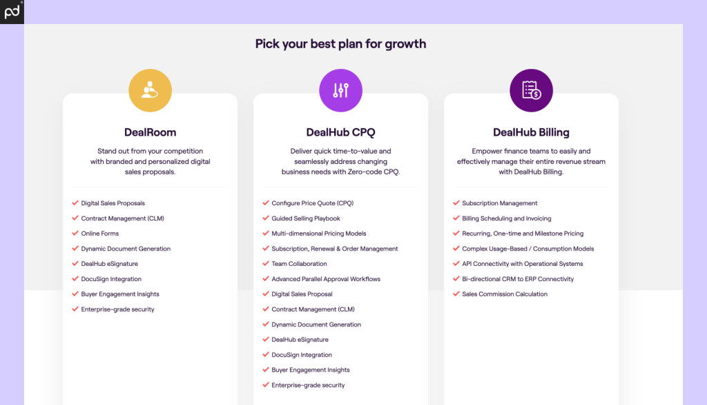  An image of DealHub’s pricing tables, including details for DealRoom, DealHub CPQ, and DealHub Billing.