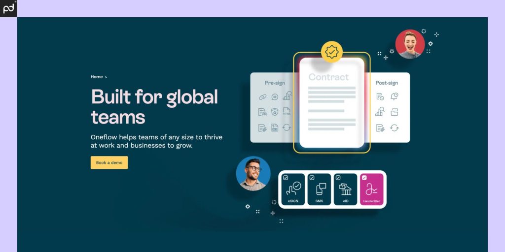 An image of the Oneflow product page. The words “built for global teams” is featured, alongside a summary of features including e-sign, SMS, eID, and handwritten signatures.