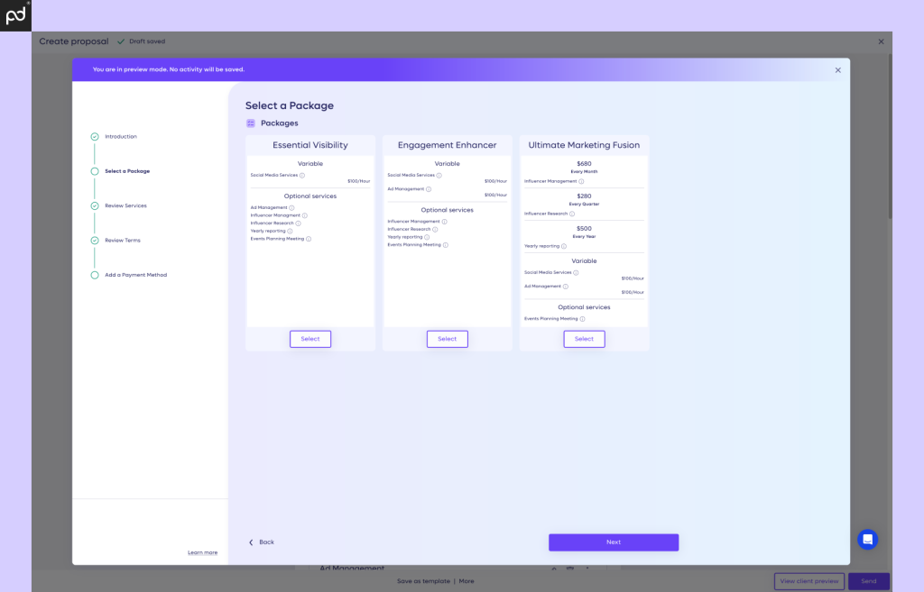 An image of the package selection process within the Anchor app. Users must select their service package in order to add it to the proposal.