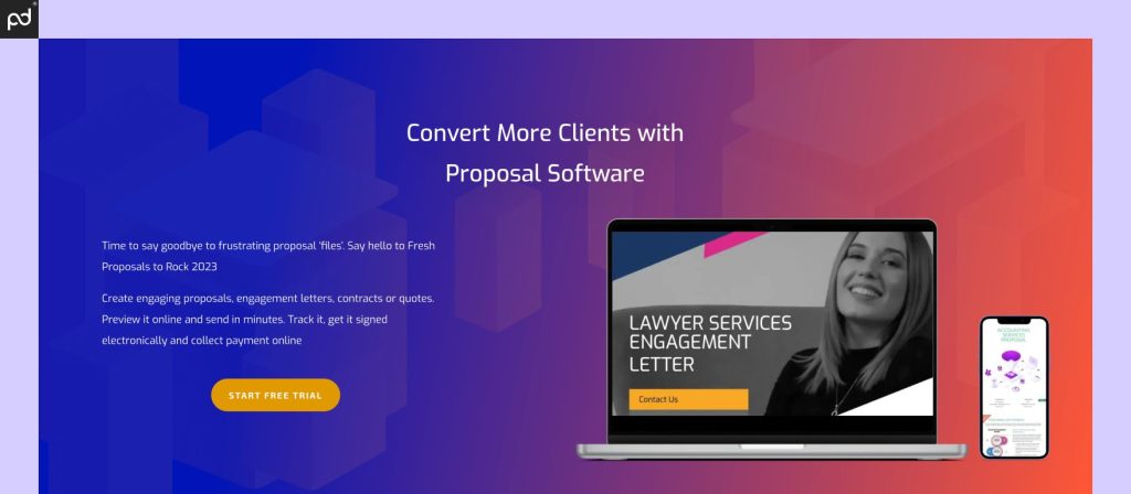 An image of the Fresh Proposals home page, featuring text which reads, “Convert more clients with proposal software.”