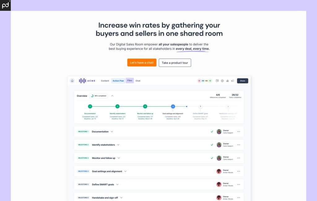 An image showing the GetAccept home page, featuring the phrase, “increase win rates by gathering buyers and sellers in one shared room” and an image showing a deals pipeline.