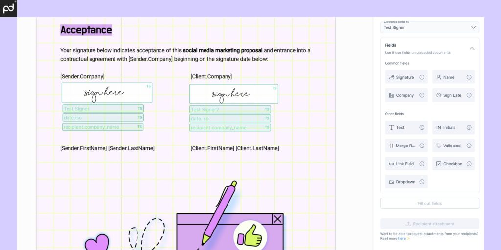 A screenshot of the GetAccept document editor. E-signature blocks have been placed above various text and date blocks on a PDF document.