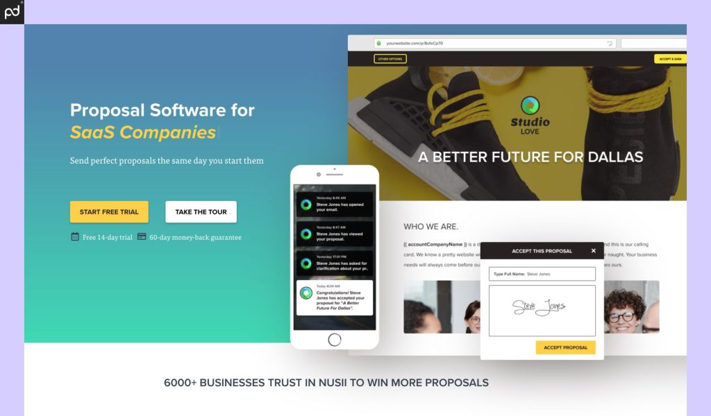 An image of the Nusii homepage, which features the text, “Proposal for SaaS Companies” and an image of a web-based proposal.