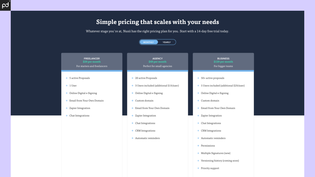 An image of Nusii’s pricing table. Prices range from $29/month to $129/month.
