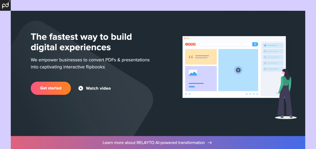  An image of the RelayTo home page, which features the phrase, “The fastest way to build digital experiences” and a demonstration of a RelayTo slide deck.