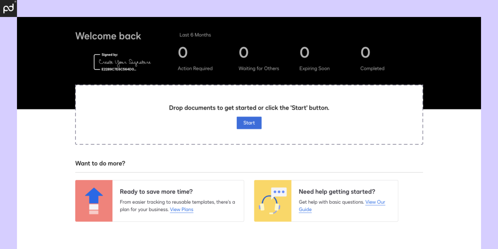 A screenshot of the DocuSign user homepage featuring a get-started area and a user dashboard.