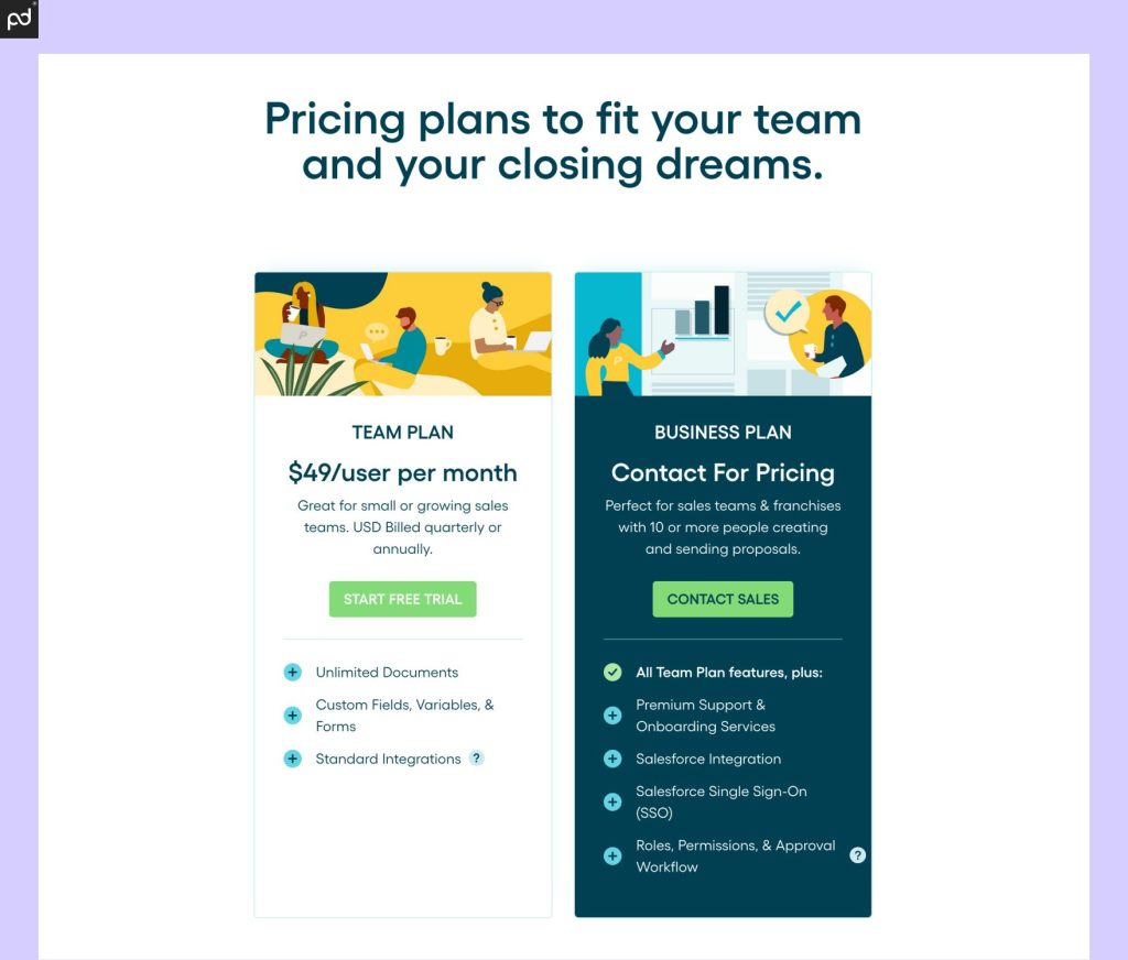 An image depicting Proposify’s pricing plans, including the Team plan ($50/month) and the Business plan (enterprise pricing). 