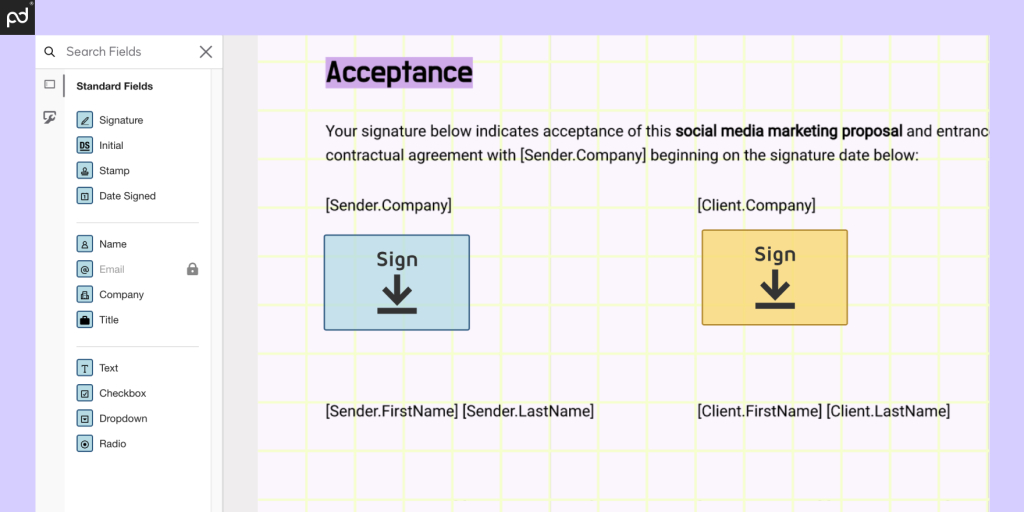 An image depicting a digital document prepared for e-signing. A blue signature box is on the left, while a yellow signature box (indicating a different signer) is on the right.