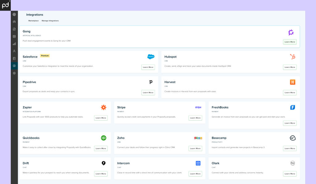 An image depicting Proposify’s integration options, including CRM and productivity connectors.