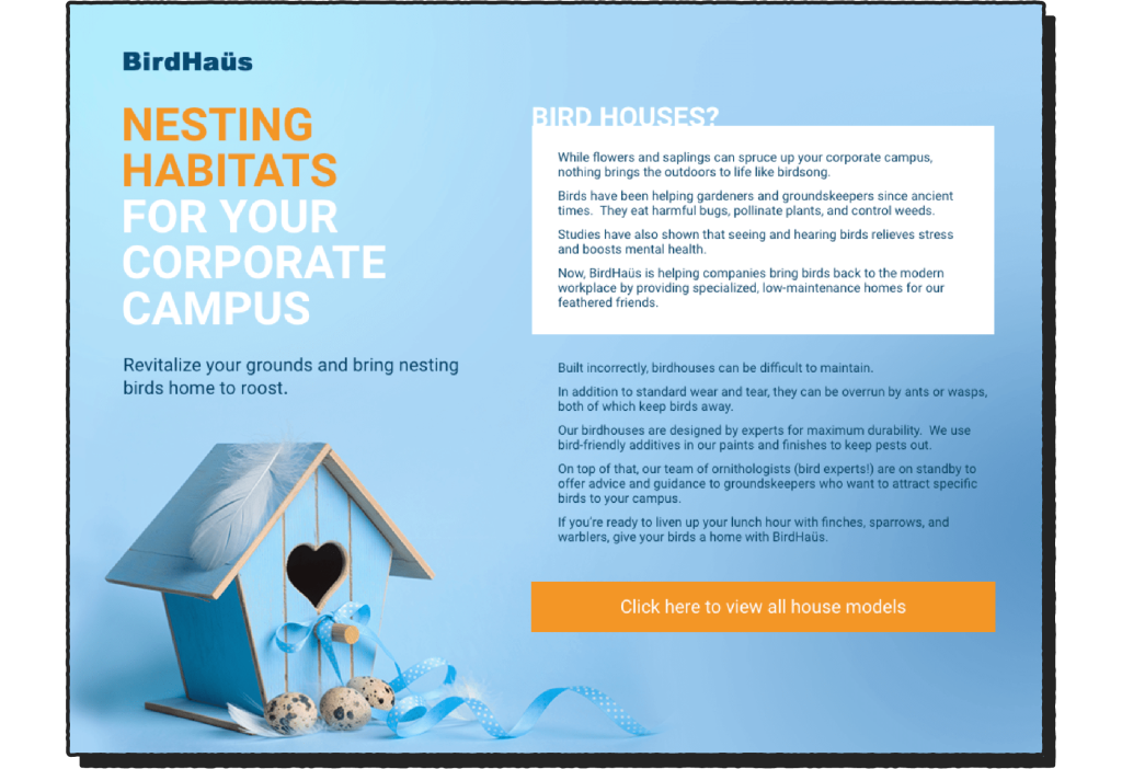 An example selling sheet for BirdHaus, a company selling bird houses
