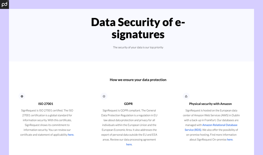 An image demonstrating SignRequest’s data security commitments, including compliance with GDPR and ISO 27001.