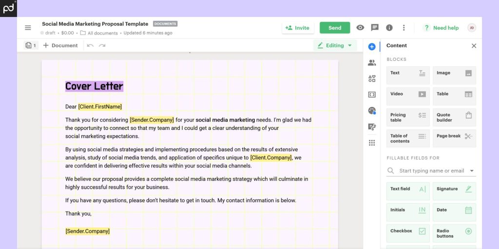 A view of the PandaDoc Document Builder user interface. The right sidebar features tools for text, pricing tables, video/image inserts, and more.