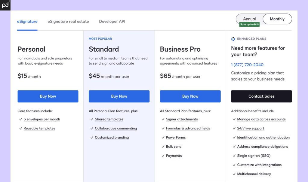 An image depicting all DocuSign pricing plans, their costs, and key plan features at each tier.