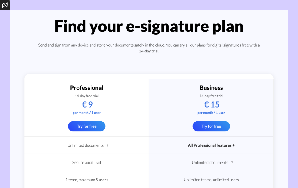 An image depicting both SignRequest pricing plans and basic features.