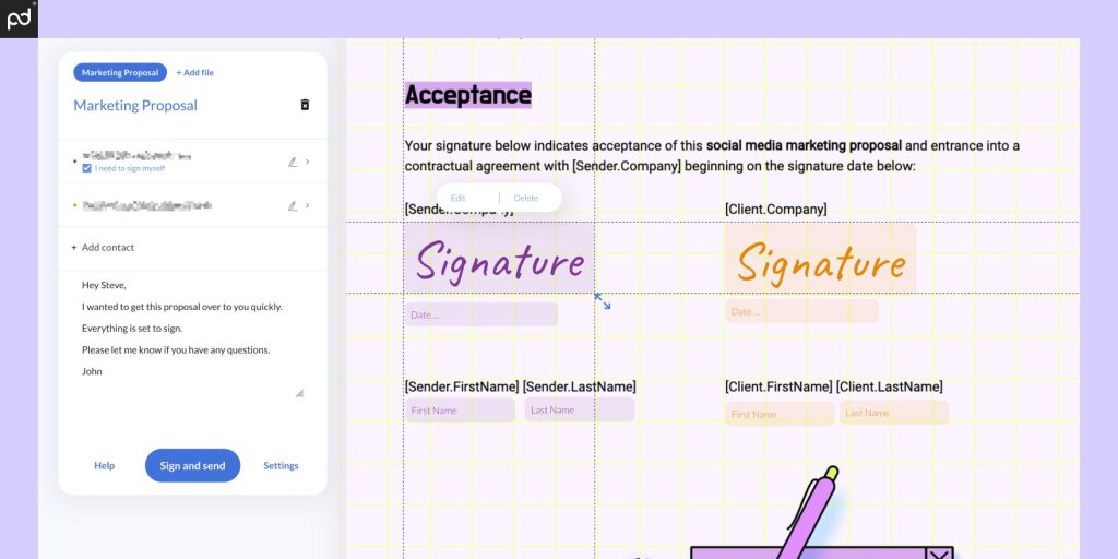 An image depicting a digital document prepared using SignRequest. Two electronic signature boxes have been added to a digital document. A small window on the left hand side features sender/recipient email addresses and a send button.