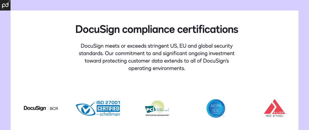 An image depicting the various security badges awarded to DocuSign for security compliance, including ISO 27001/17/18, PCI DSS, SOC 1 Type 2 and SOC 2 Type 2, and others.