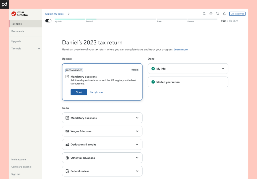  Screenshot of TurboTax's tax return progress interface showing sections like mandatory questions, wages & income, deductions & credits, with completed tasks including “My info” and “Started your return.”