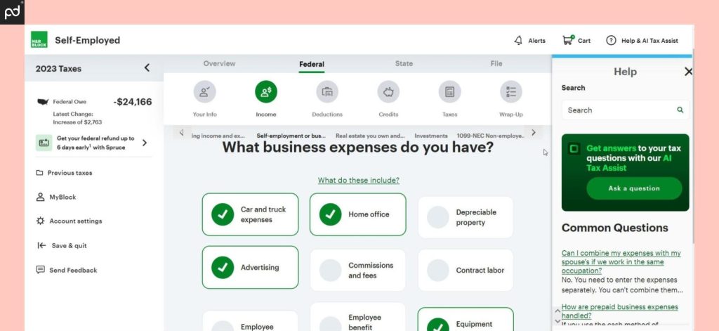 Screenshot of H&R Block's tax software for self-employed individuals, showing business expense options and navigation sidebar.