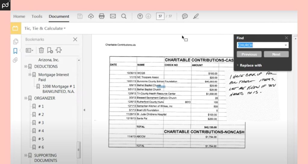 Screenshot of GruntWorx’s tax software for accounting firms, illustrating deductions on a tax document worksheet.