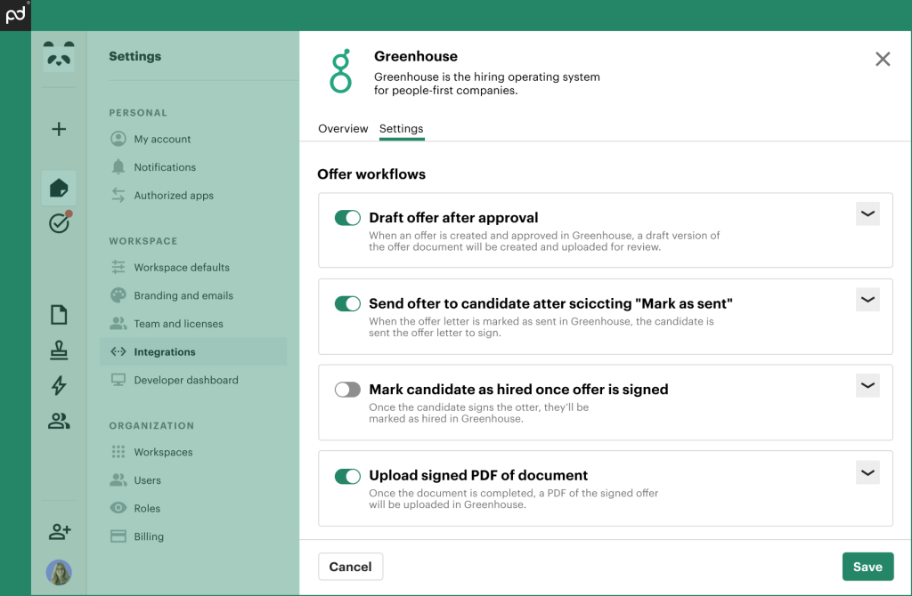 pandadoc greenhouse integration