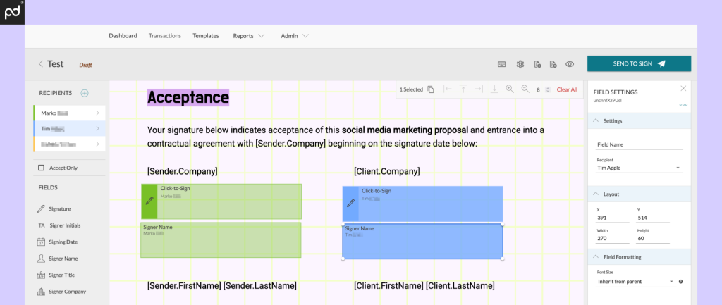 An image depicting OneSpan Sign’s drag-and-drop e-signature interface.