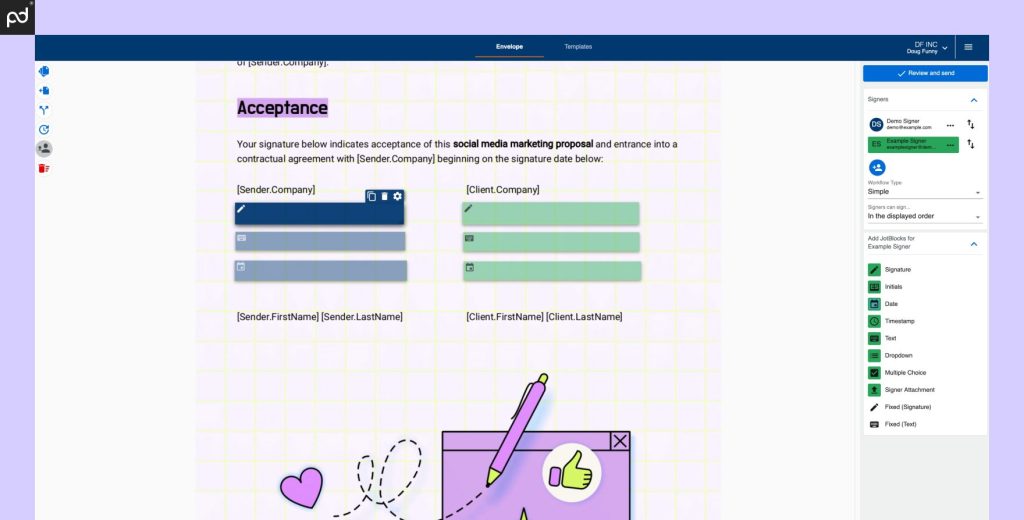 An image depicting a digital document prepared for e-signing with Nintex AssureSign. A total of six fields (two signature boxes, text boxes, and date boxes per signer) have been added using drag-and-drop tools.