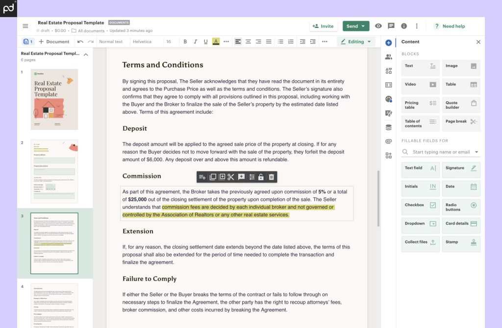 A view of the PandaDoc Document Builder user interface. The right sidebar features tools for text, pricing tables, video/image inserts, and more.