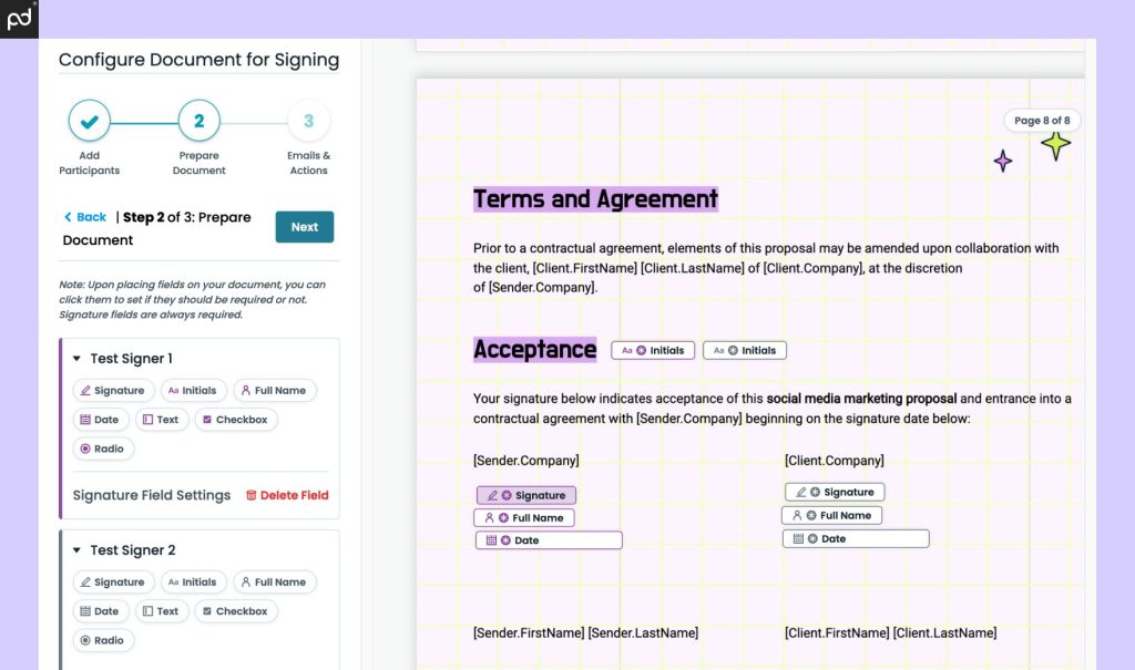 An image of the Formstack Sign editor. Signing fields have been added to a PDF document, alongside full name and date fields.