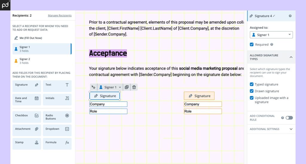 A screenshot of the SignNow e-signing interface. A PDF document is displayed in the center while signing fields are positioned on the left sidebar. Additional field customizations are available through the right sidebar.