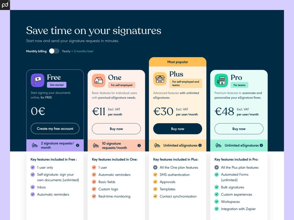 An image depicting all YouSign pricing plans, their costs, and key plan features at each tier.