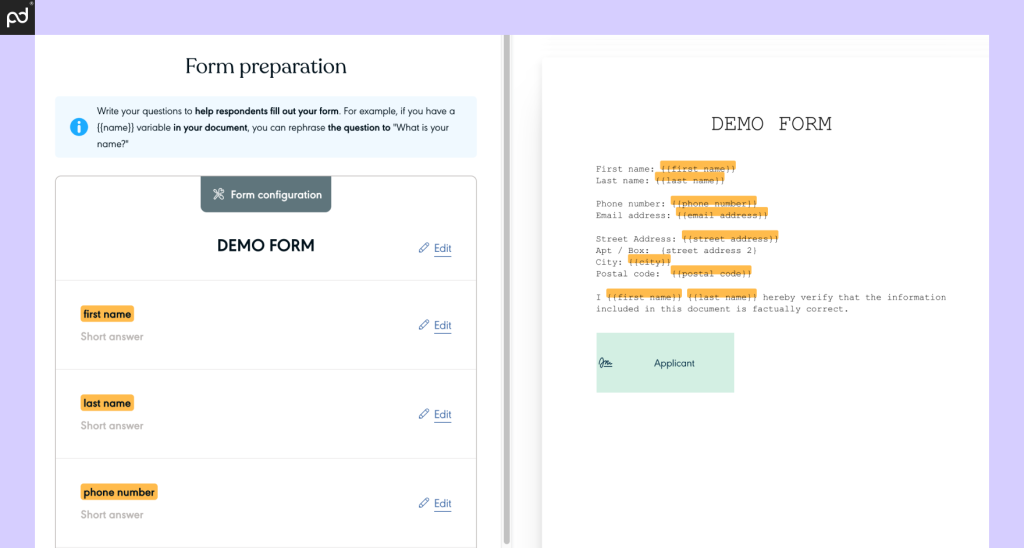 An image of the YouSign form workflow.  A form preparation window with questions sits on the left hand side of the screen while an uploaded form with matching information sits on the right hand side of the screen.