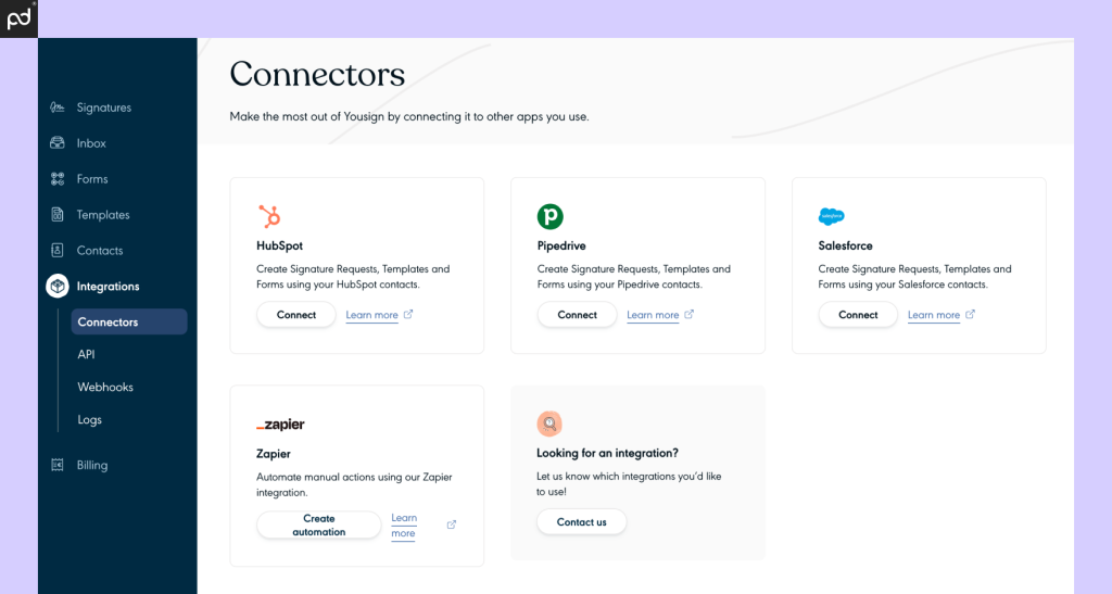 A screenshot of the YouSign integration screen, which features four primary integration options