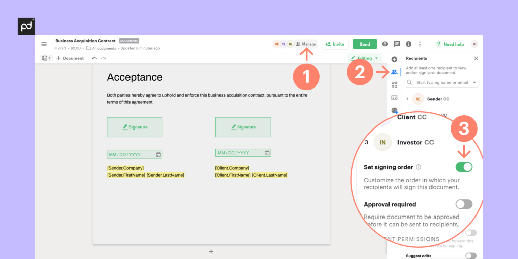 setting up a signing order in PandaDoc document