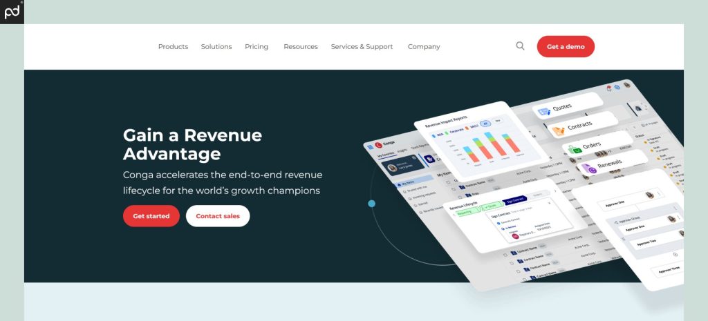 Conga platform highlighting quotes, contracts, orders, and renewals for revenue management.