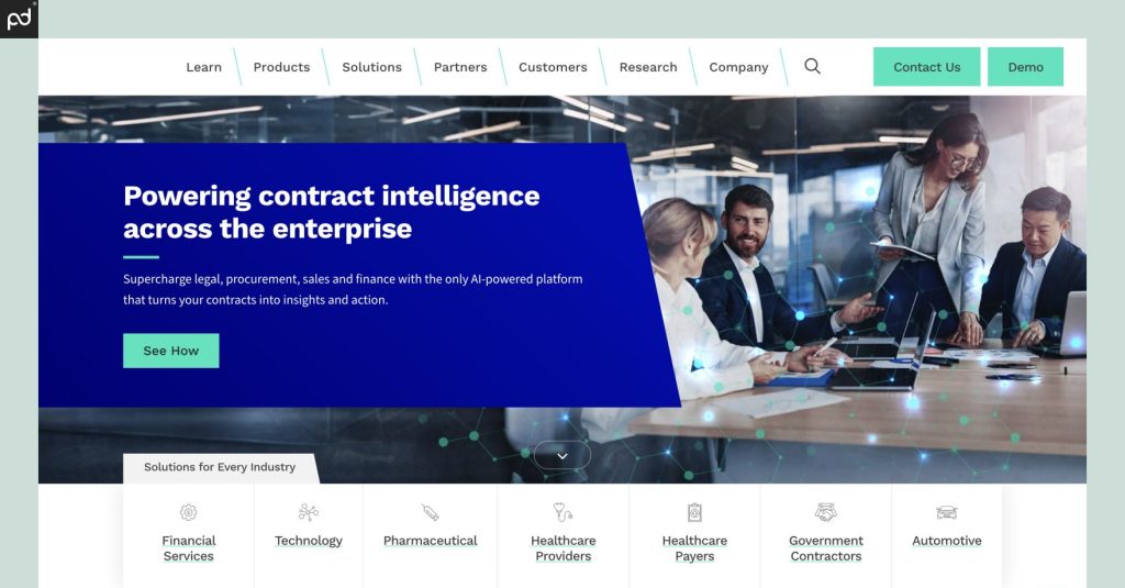  Icertis landing page displaying AI-driven contract management across enterprise sectors.