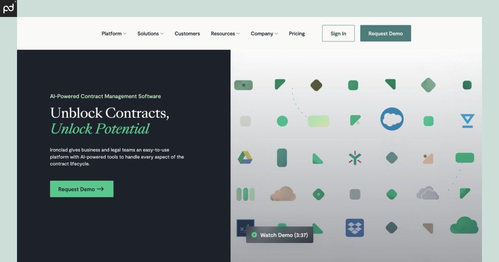Ironclad landing page emphasizing AI tools for managing the contract lifecycle.