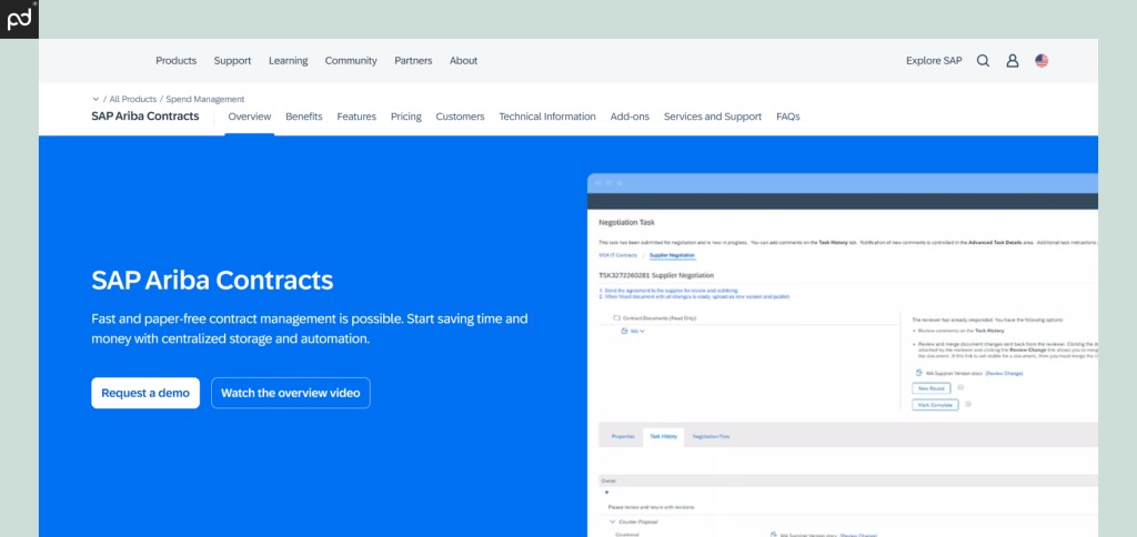 SAP Ariba screenshot of contract management tasks and negotiation flow.