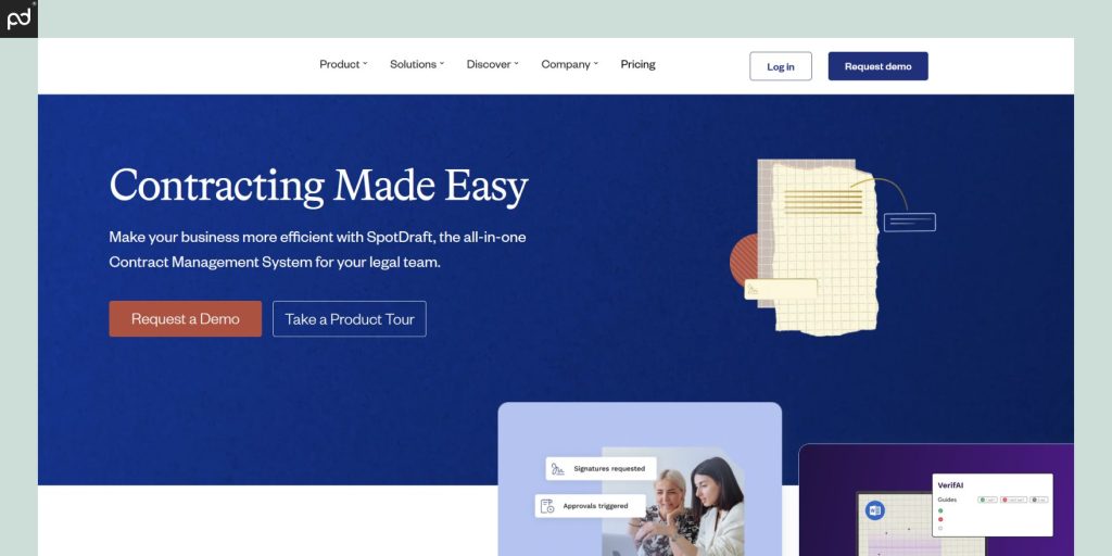 SpotDraft platform showing contract management tools and features for legal teams.