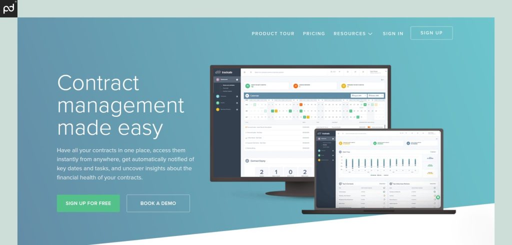 Trackado platform showcasing contract management dashboard with calendar and analytics.