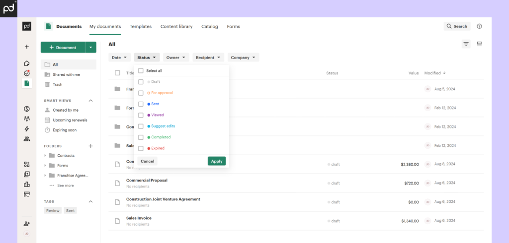 DMS interface displaying documents categorized by status: draft, approved, sent, verified, edits, completed, and expired.